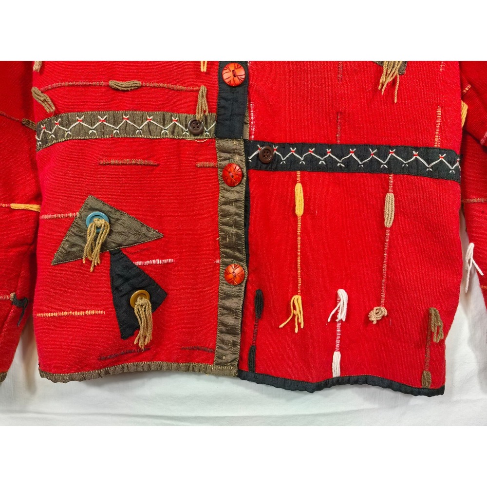 Red‎ Artisan Jacket Textured Tassels Geometric Appliqué Artwear M Boho Unique - Picture 6 of 8